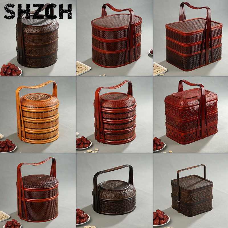Snacks Food Hamper Basket - 竹製ピクニックバスケット 蓋付き 多層フードキャリア 結婚式用 フルーツやスナックの収納 ハンパー