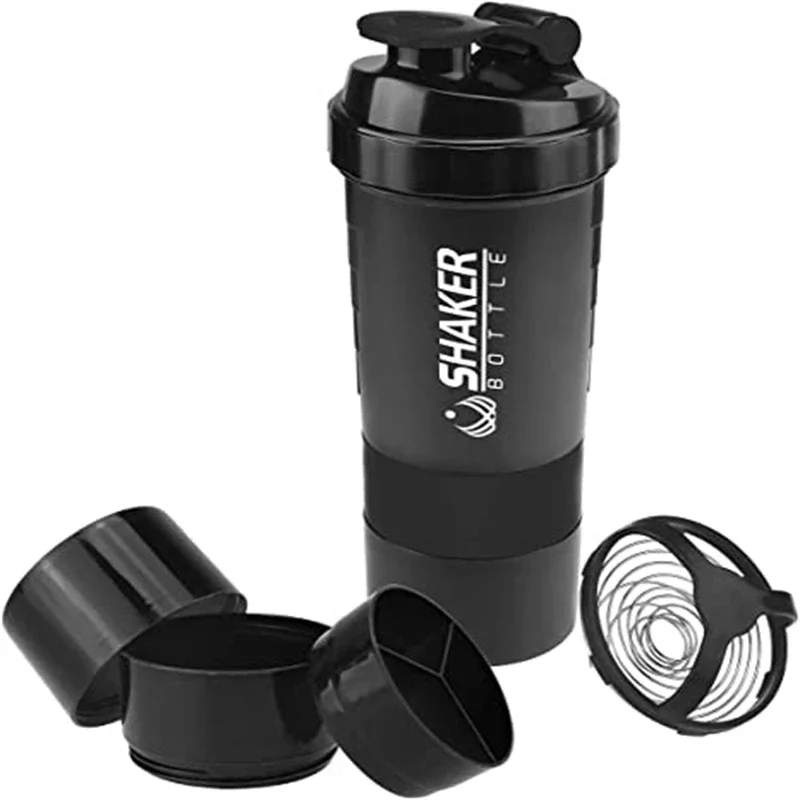 Protein Bar Box - 1pc ポータブルプロテインシェーカーカップ粉末保存容器 500 ミリリットルミキサーカップジムスポーツウォーターボトルワイヤー泡立て器ボール付き