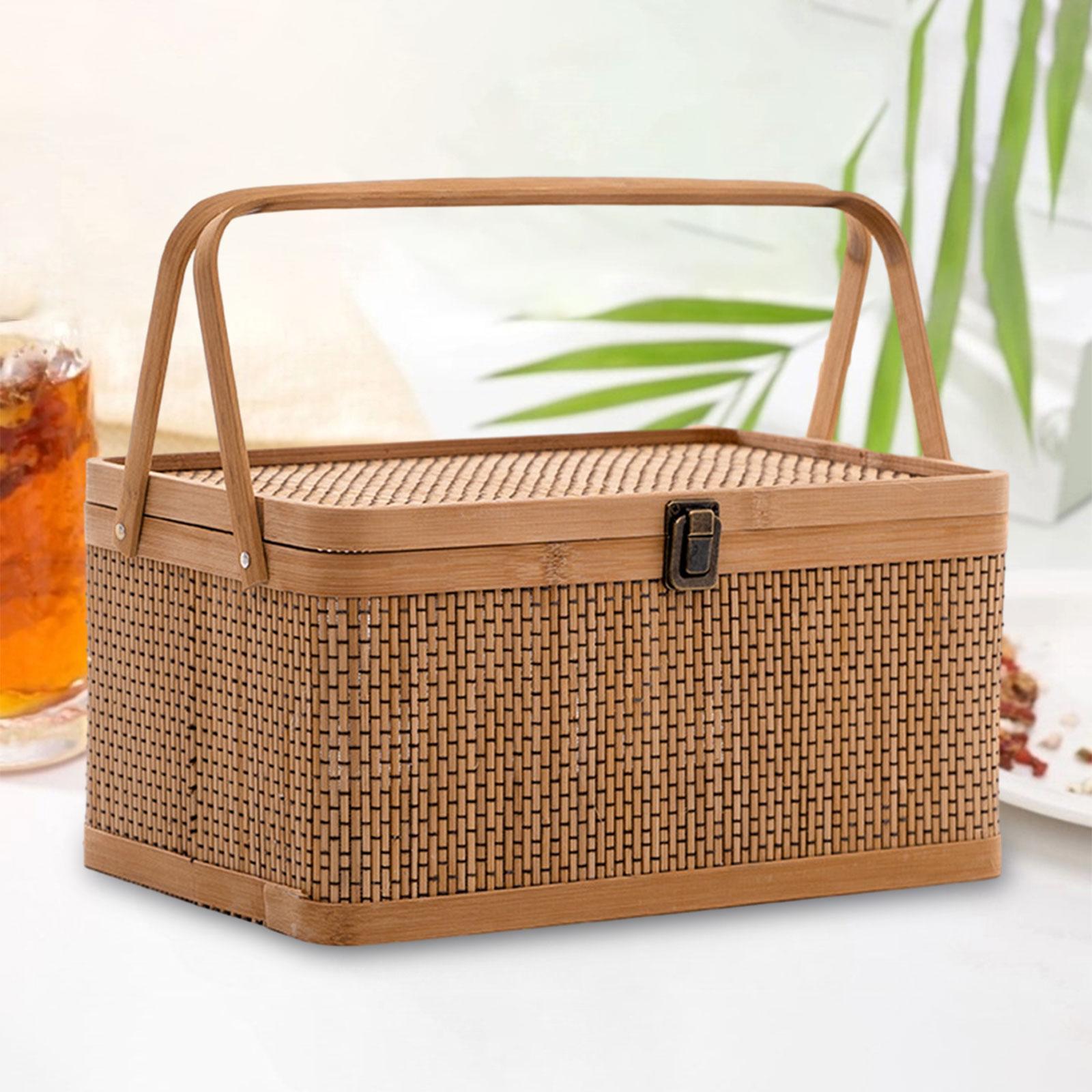 Snacks Food Hamper Basket - 手作りの竹製ピクニックバスケット、ロック可能な蓋付き、食品収納用バスケット、中華風装飾用スナックオーガナイザー